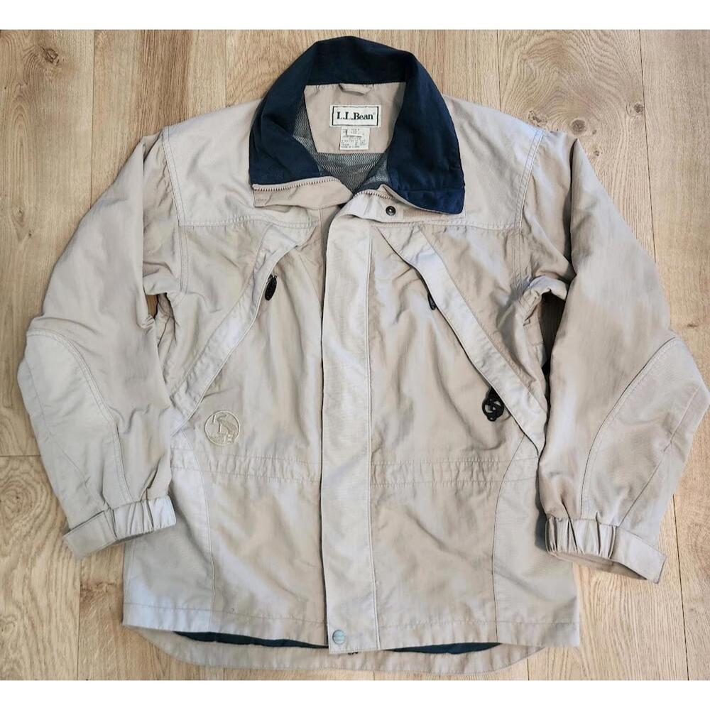LL Bean Jacket Men Khaki Black Nylon Vented Work Fishing Hunting Chore Coat Sz S
